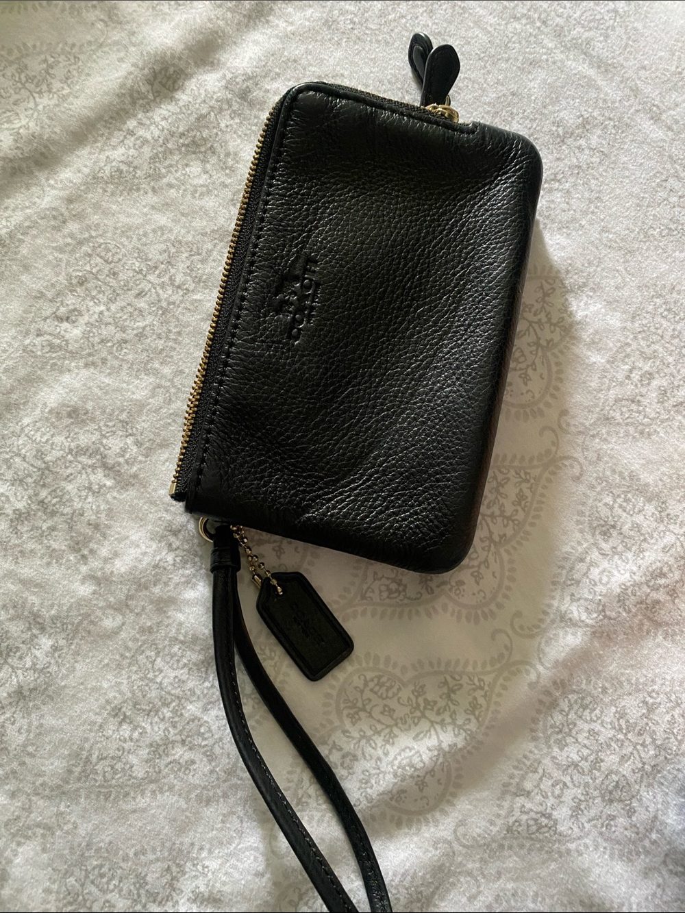 Coach Black Pebble Leather Wristlet with Gold Hardware